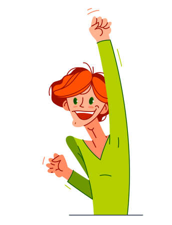 Happy boy excited with winner gesture vector illustration, young man saying yes to success and goal cartoon drawing, champion win.のイラスト素材