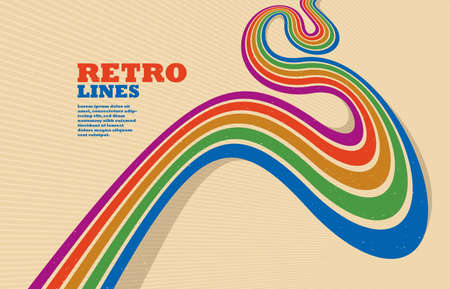 Retro style abstract background with curve lines in all colors of rainbow, 3D dimensional seventieth vector art.のイラスト素材