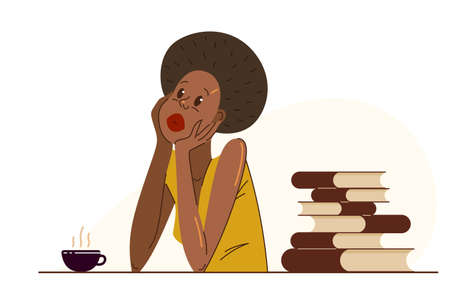 Young African ethnicity woman office worker having coffee break during a day vector flat illustration isolated, relaxed resting employee, job done, work finished, lazy.のイラスト素材