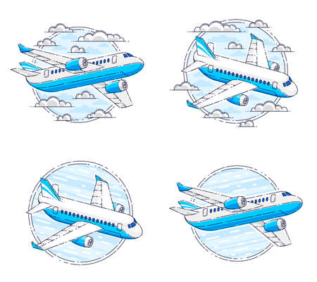Airlines air travel emblems or illustrations with plane airliner and round shape. Beautiful thin line vectors set isolated over white background.のイラスト素材