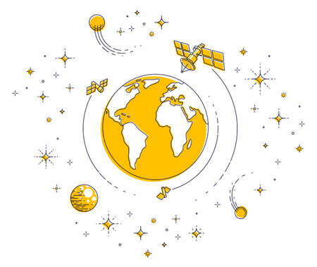 Planet Earth in space surrounded by artificial satellites, stars and other elements. Global communication technology theme. Thin line 3d vector illustration isolated on white.のイラスト素材