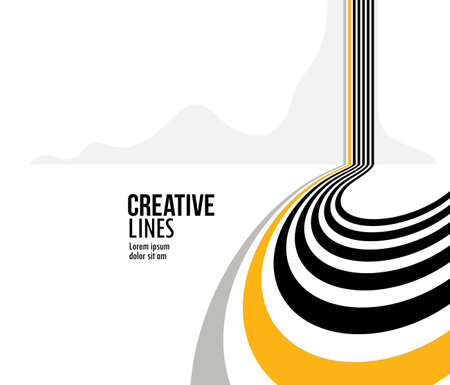 Future lines in 3D perspective vector abstract background, black and yellow linear composition, road to horizon and sky concept, optical illusion op art.のイラスト素材