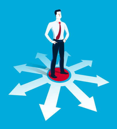 Doubting businessman choosing different directions which way to go vector illustration, business man have a dilemma because or different options or opportunities.のイラスト素材