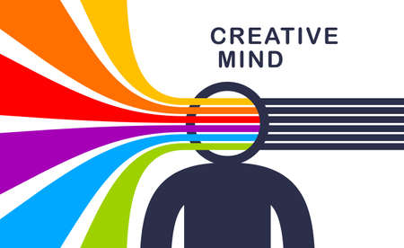 Creative mind brain vector concept in flat trendy design style, colorful rainbow stripes goes out of...