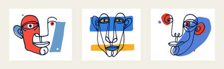 Abstract man face vector artwork set, modern trendy portrait art, hand drawn surreal beauty, minimal...