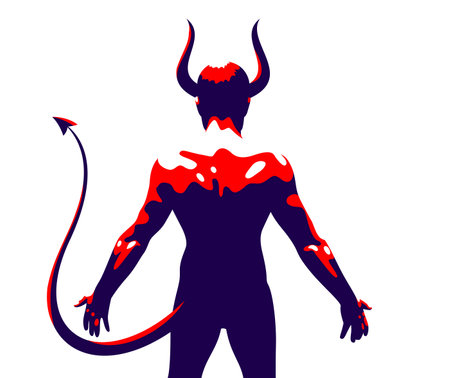 Devil muscular strong man with horns and tail from back view vector illustration, powerful demon,...