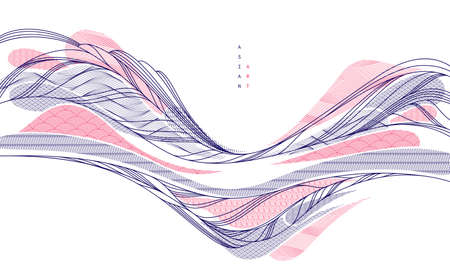 Oriental Japanese style vector abstract illustration, background in Asian traditional style, wavy shapes and mountains terrain, runny like sea lines.のイラスト素材