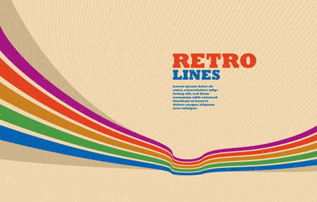 Retro style abstract background with curve lines in all colors of rainbow, 3D dimensional seventieth vector art.のイラスト素材