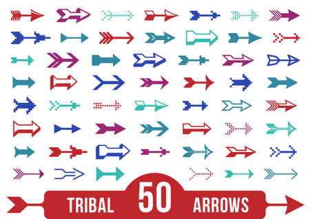 Collection of diverse tribal arrows from bow vector big set, native arrow symbols graphic design elements, single color icons or logos.のイラスト素材
