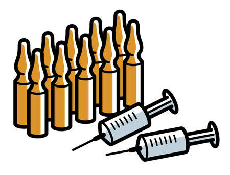Syringe and ampules vaccine or first aid concept vector illustration isolated on white, injection vaccination against virus, antidote or painkiller.のイラスト素材