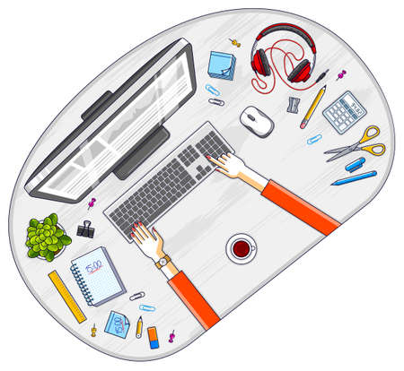 Work desk workspace top view with hands of office worker or entrepreneur, PC computer and a lot of different stationery objects on table. All elements are easy to use separately. Vector.のイラスト素材