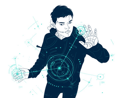 Teenager boy robot controls HUD engineering virtual interface vector illustration, futuristic concept engineer science AI, future technology theme.のイラスト素材