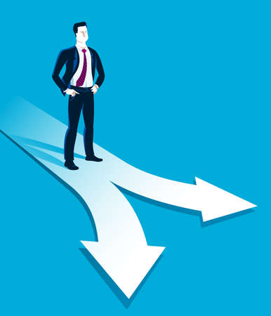 Doubting businessman choosing different directions which way to go vector illustration, business man have a dilemma because or different options or opportunities.のイラスト素材