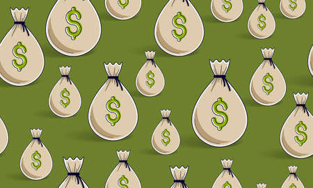 Money bags seamless background, backdrop for financial business website or economical theme ads and information, vector wallpaper or web site background.のイラスト素材