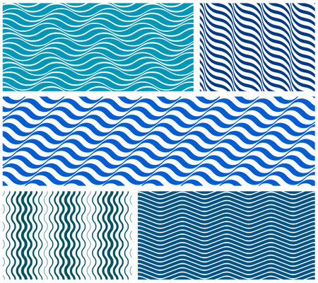 Geometric wavy lines seamless pattern vector set, 3D dimensional endless background wallpaper design image collection, stripy curved tillable texture.のイラスト素材
