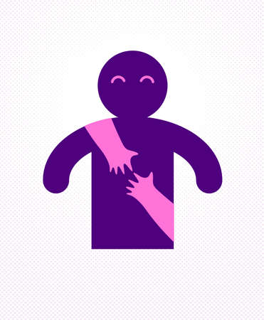 Beloved man with care hands of a lover woman hugging him around from behind, vector icon or illustration in simplistic symbolic style.のイラスト素材