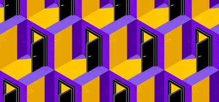 Doors seamless vector background, surreal 3D dimensional interior theme.