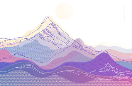 Abstract oriental Japanese art vector background, traditional style design, wavy shapes and mountains terrain landscape, runny like sea lines.のイラスト素材