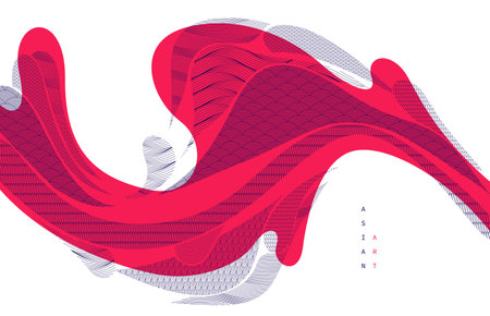 Nature art oriental Japanese style vector abstract background in red colors, runny like water shapes and lines with textures.のイラスト素材