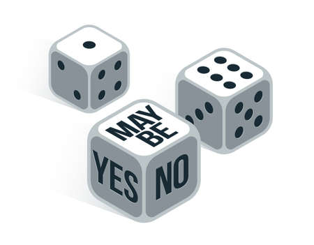 Yes or no or maybe dice rolling chance vector illustration, make a decision and say concept, undecided question idea.のイラスト素材
