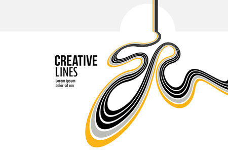 3D black and white lines in perspective with yellow elements abstract vector background, linear perspective illustration op art, road to horizon.のイラスト素材