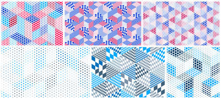 Seamless dotted cubes vector backgrounds set, dots boxes repeating tile patterns, 3D architecture...