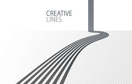 Linear composition vector road to horizon, abstract background with lines in 3D perspective, optical illusion op art, black and white monochrome.のイラスト素材