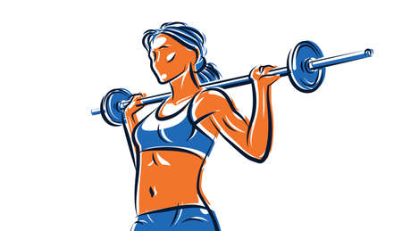 Push the barbell gym and fitness vector illustration of a young attractive woman doing workout exercises with a barbell, perfect muscular athletic body young adult girl sport training.のイラスト素材