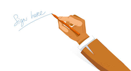 Businessman hand signing a document vector illustration, sign here script, agreement signature.のイラスト素材