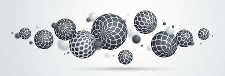 Abstract spheres vector background, composition of flying balls decorated with patterns, 3D mixed variety realistic globes with ornaments, realistic depth of field effect.のイラスト素材
