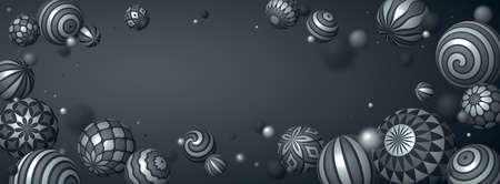 Realistic decorated metallic spheres vector illustration, abstract background with beautiful balls of shiny metal with patterns and depth of field effect, 3D globes design concept art.のイラスト素材