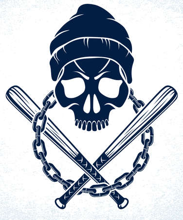 Criminal tattoo, gang emblem or logo with aggressive skull baseball bats design elements, vector, bandit ghetto vintage style, gangster anarchy or mafia theme.のイラスト素材
