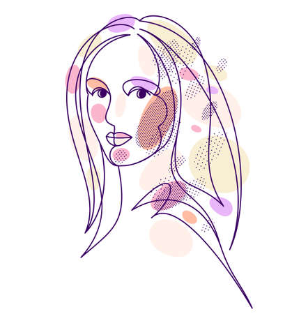 Beautiful face of attractive woman vector linear drawing, sensitive emotional line art adult girl portrait, feminine abstract face line art.のイラスト素材