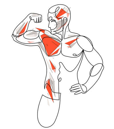 Athletic man torso vector linear polygonal illustration, male beauty with perfect muscular fit body exploding, artistic drawing of fitness model.のイラスト素材
