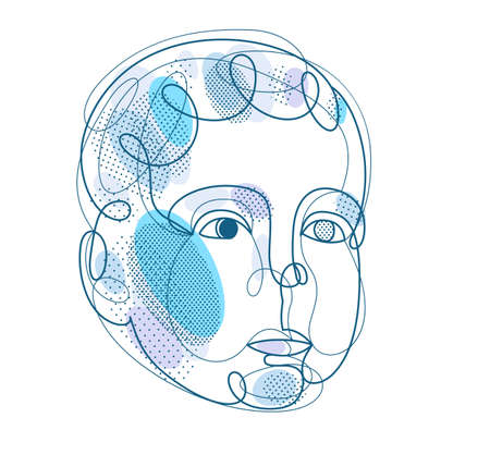 Cute beautiful boy portrait vector line art illustration isolated, toddler kid artistic line art drawing.のイラスト素材