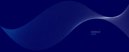 Blue dots in motion dark vector abstract background, particles array wavy flow, curve lines of points in movement, technology and science illustration.のイラスト素材