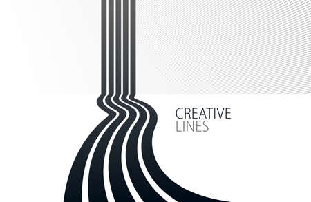 Linear composition vector road to horizon, abstract background with lines in 3D perspective, optical illusion op art, black and white monochrome.のイラスト素材