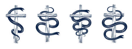 Snake wraps around Christian cross, the struggle between good and evil, saint and sinner, love and hate, life and death symbolic vector illustration logo, emblem or tattoo.のイラスト素材