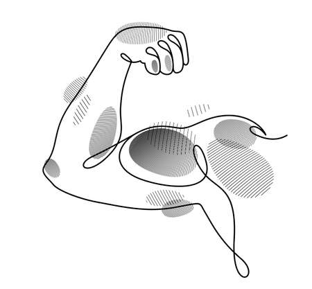 Muscular hand of bodybuilder showing strong biceps vector linear illustration isolated, fitness and gym sport theme drawing.のイラスト素材