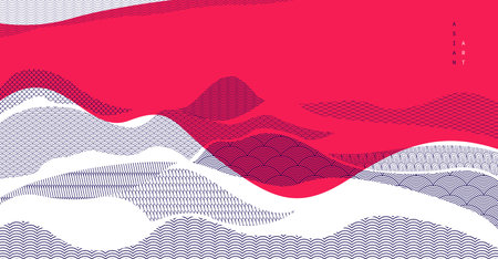 Abstract oriental Japanese art vector background in red color, traditional style design, wavy shapes and mountains terrain landscape, runny like sea lines.のイラスト素材