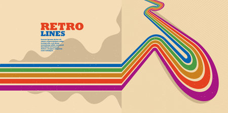 Retro style abstract background with curve lines in all colors of rainbow, 3D dimensional seventieth vector art.のイラスト素材