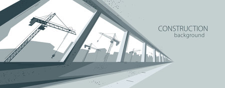 Construction vector illustration, unfinished building interior in progress and cranes beyond the window builds skyscrapers, rising city, industry.のイラスト素材