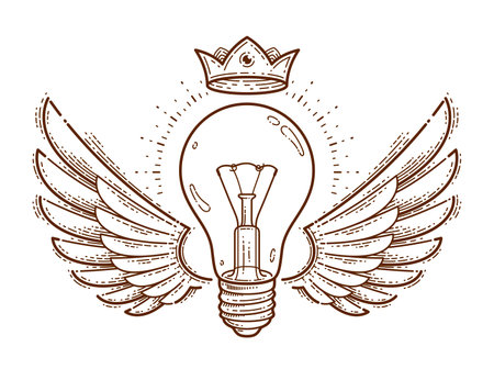 Winged light bulb creative idea concept, vector logo or icon or emblem trendy linear style.のイラスト素材
