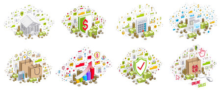 Different finance concepts illustrations 3D vector set isolated on white background, business and money conceptual designs collection, savings, bank, contract, income, safety, online.のイラスト素材