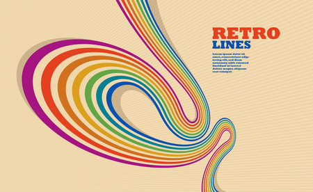 Linear vector abstract background in all colors of rainbow, retro style lines in 3D dimensional perspective, vintage poster art.のイラスト素材