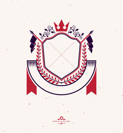 Graphic emblem made with imperial Crown, elegant ribbon, flags and laurel wreath.Heraldic Coat of Arms, vintage vector logo.のイラスト素材