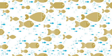 Funny cartoon fishes vector seamless background, cute childish pattern for children textile or wrapping paper or packaging for seafood products.のイラスト素材