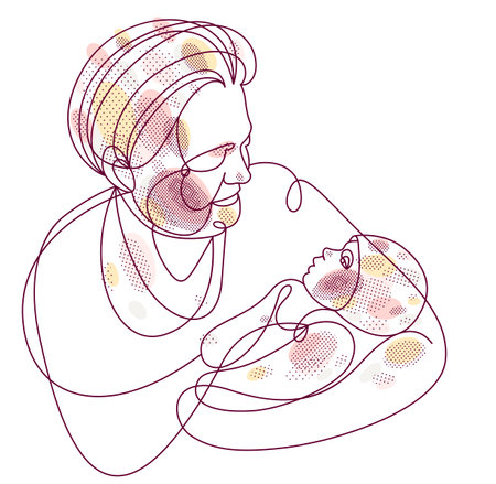 Grandmother and baby child grandson or granddaughter vector linear illustration isolated, grandma holding baby showing love and care.のイラスト素材