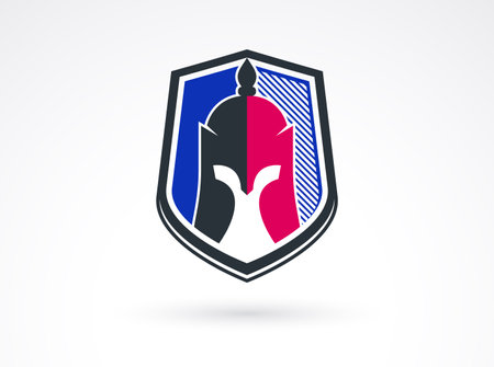 Shield with knight warrior helmet inside vector symbol, protection guard concept logo.のイラスト素材