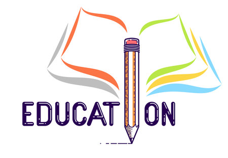 Education word with pencil instead of letter I and book, study and learning concept, vector conceptual creative logo or poster made with special font.のイラスト素材